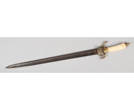 An 18th century German hunting hanger or short sword. With antler and brass hilt ornamented with a stag and hoof cross guard,