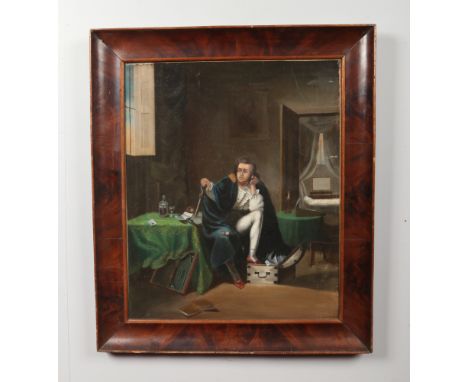 An early 19th century framed oil on canvas. Military portrait interior scene, 60cm x 50cm.  Re lined.