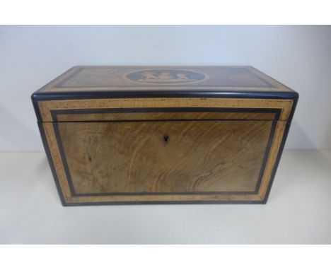 A 19th century Italian Sorrento ware three section olive wood tea caddy, 18cm tall, 31cm x 16cm - in generally good condition