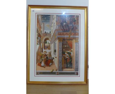 A large museum print Libertas Ecclesiastica The Annunciation with Saint Emidius by Carlo Crivelli - in a gilt frame, 110x85cm
