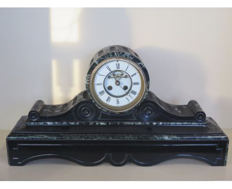 A large Victorian black slate and marble drum mantle clock, 34x66cm - not currently running 