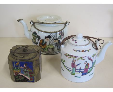 Two Chinese teapots and a tea caddy, largest teapot 12cm tall, star crack to base and chips to lid of large teapot, otherwise