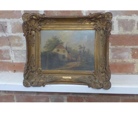 Country cottage scene - oil on panel under glass, in a gilt frame, with label John Crome, unsigned, picture size 22x29cm - fr