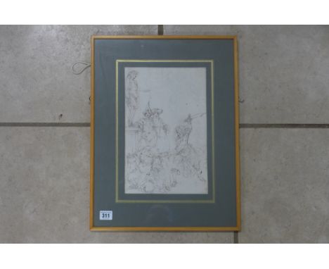 A lithograph of an ink and pencil sketch classical scene, frame size 50x38cm - some foxing but reasonably good 