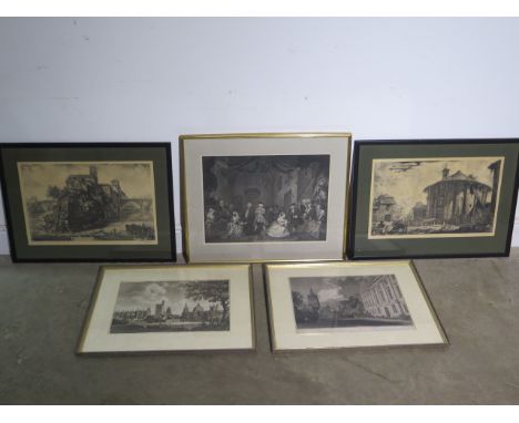 A pair of architectural Italianate prints in ebonised frames, 55x73cm - and a gilt framed print courtroom scene - and A print