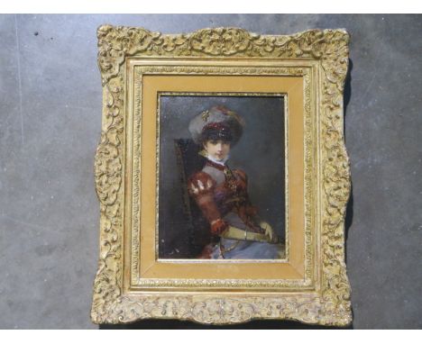 An oil on wooden panel of a young lady, in a gilt frame, unsigned 41x36cm 