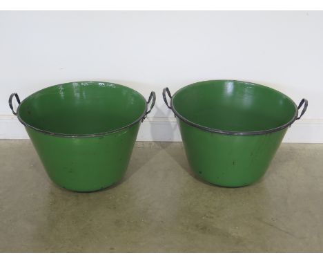Two vintage green enamel pans - ideal for use as planter - Height 37cm x Width 66cm 