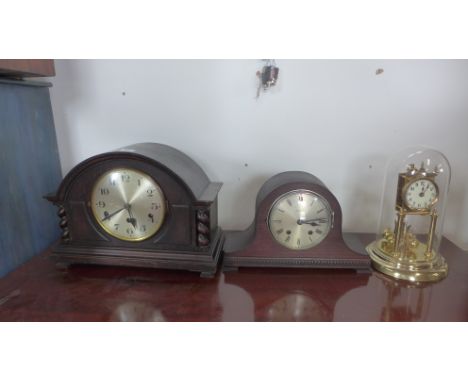 Three clocks, two oak mantel clocks and an Anniversary clock - All running 