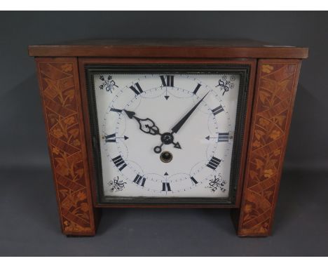 A Continental walnut and marquetry mantel clock with a spring driven movement - 26cm x 30cm 