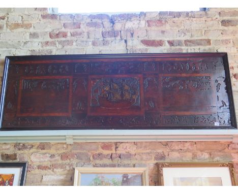 A front panel of a 17th century highly decorated Venetian cedar spice chest framed for display on wall - Width 176cm x Height