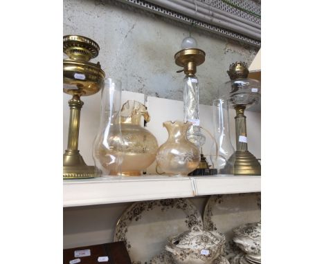 TWO OIL LAMPS AND ELECTRIC LAMP, TWO SHADES AND TWO FUNNELS