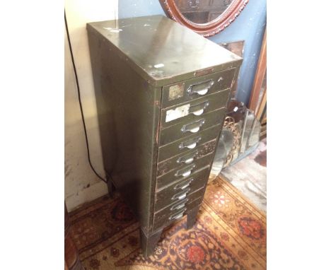 A VINTAGE GREEN CHEST OF METAL FILE DRAWERS. H88CM