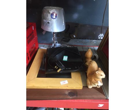 PRINT, MIRROR, TABLE LAMP, DVD PLAYER & 2 SQUIRREL ORNAMENTS