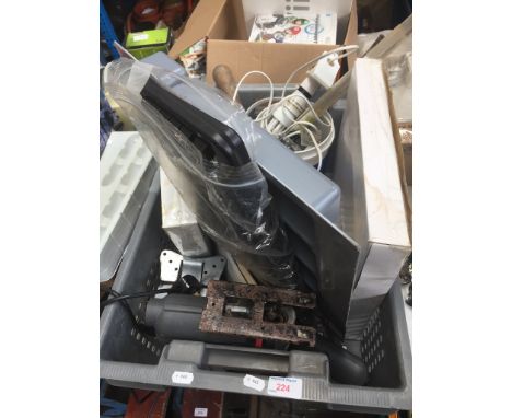 A CRATE OF MIXED TOOLS AND ELECTRICALS