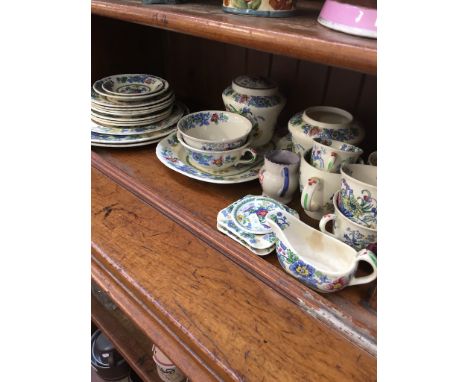 SHELF OF MASONS POTTERYCONDITION:  CHIP TO BASE OF ONE MUG, STAINING ON ASH TRAY, CRACKS AND STAINING  TO CREAM JUG, CRACK/RE