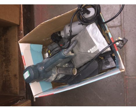 BOX OF ELECTRICAL TOOLS, DRILLS, SANDERS ETC