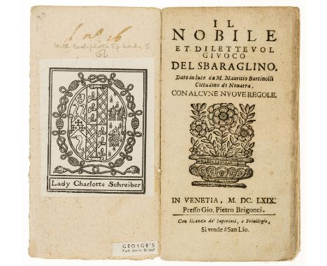 Italian Backgammon.- Bartinelli (Mauritio) Il Nobile et Dilettevol Giuoco del Sbaraglino, title with woodcut device of vase o