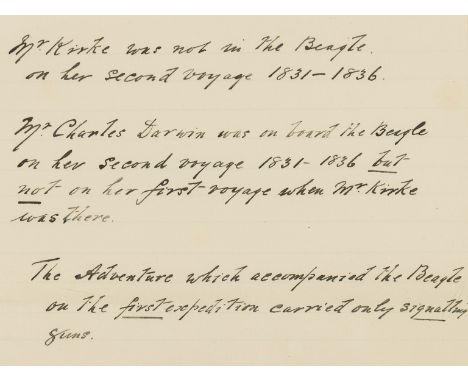 HMS Beagle.- Extracts from the First Voyage of the Beagle 1826-1830, manuscript, title and 7pp., with envelope inscribed "re 