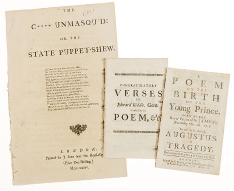 NO RESERVE Satires.- The C---- Unmasqu'd: or, The State Puppet-Shew, inked number to title, [Foxon, C1], for J.Irons, 1734 § 