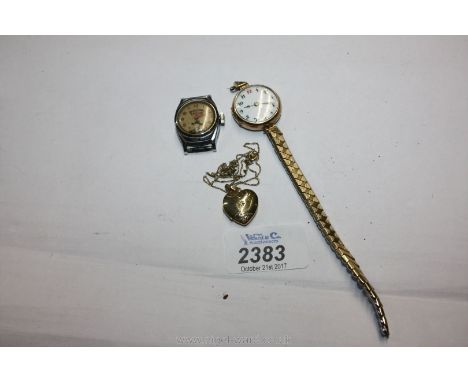 A Ladies 9ct gold Watch (a/f), 9ct gold Locket and chain and a Timex Hoppalong Cassidy Watch (no strap).