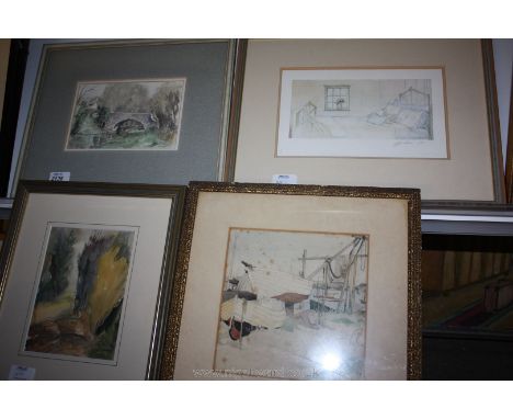 Four Watercolours including a bedroom interior by A.J. Cain, 'Harbour Sands' by Barbara Domint, 'Ffawyddog Bridge and Trees' 