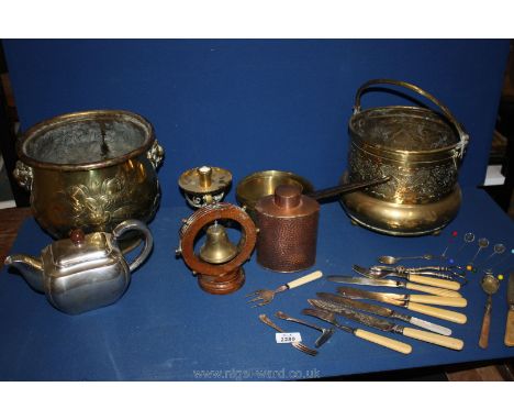 A Brass Jardiniere with lion head handles, coal bucket, candlestick, two Saucepans, copper flask, plated Teapot and a brass B