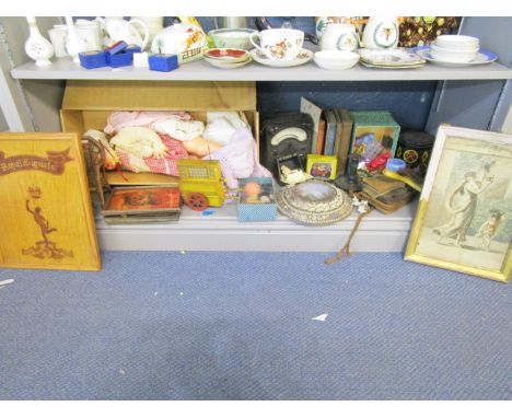 A  mixed lot to include A Roddy doll, boxed, a Royal Signals inlaid wooden plaque, an early 20th century shell framed wall pi