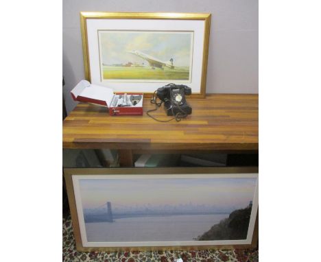 Collectables to include a black Bakelite telephone with a drawer stamped 332CB, a print of Concord, a lever action corkscrew 