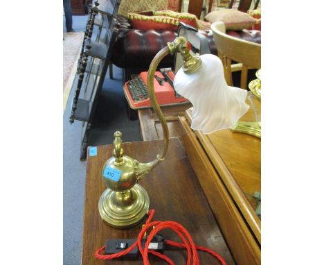 An early 20th century brass lamp with a swan neck and opaque glass shade re-wired and PAT tested 