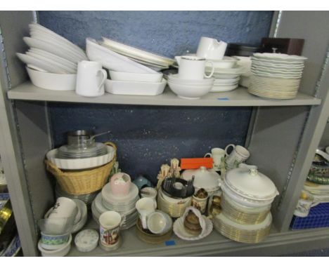 Three shelves of mixed ceramics and other household items to include a Thomas china dinner service, a Wedgwood Colchester din