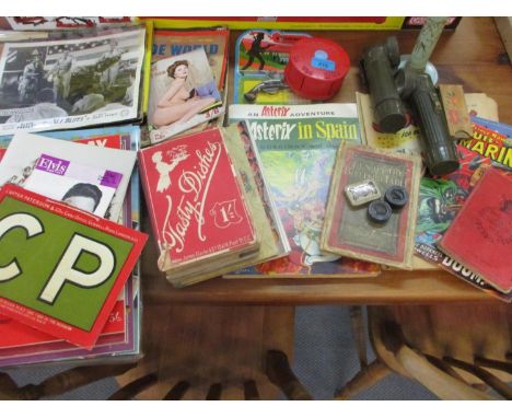 Printed ephemera to include comics, a signed print of Stuart Damon, Asterix magazines, torches and other items 
