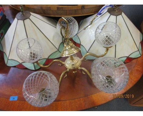 Two Tiffany style pendant ceiling lights with brass and cut glass lamp shades 