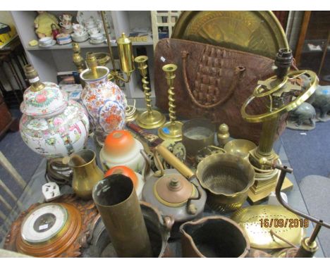 Various metalware, ceramic lamps, a barometer, a crocodile bag and other items 