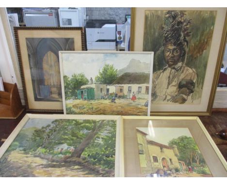A R Culmer - African art, four watercolours, framed and glazed, together with a charcoal of an interior cathedral scene and a