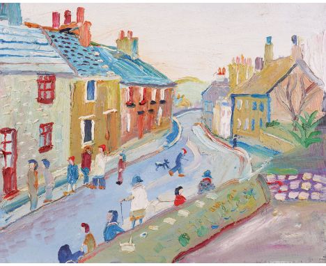 FRED YATES (BRITISH, 1922-2008)Neighbours in the street oil on board 40 x 51cm (unframed)  Provenance The Estate of the Artis