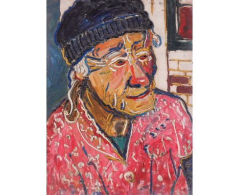 FRED YATES (BRITISH, 1922-2008)Portrait of an old lady in a woolly hat oil on board 61 x 45.5cm (unframed)  Provenance The Es
