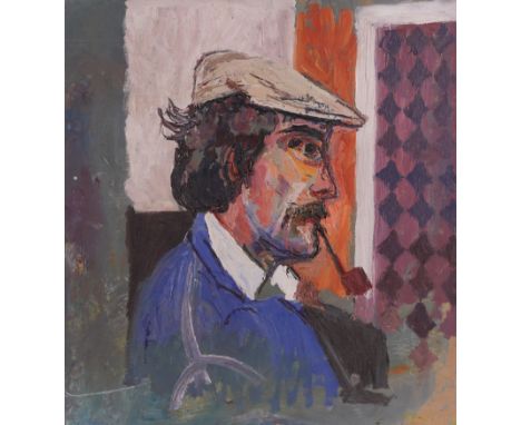 FRED YATES (BRITISH, 1922-2008)Self-portrait smoking a pipe oil on board 50.5 x 46cm (unframed)  Provenance The Estate of the