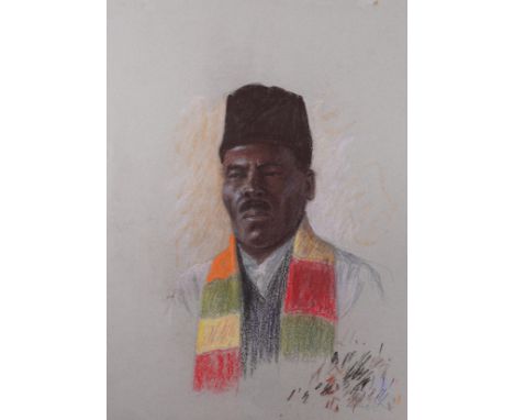 MARGARET METCALFE (BRITISH, 1877-1972)Portrait of a gentleman wearing a multicoloured scarf pastel 53 x 38.5cm (unframed) ARR