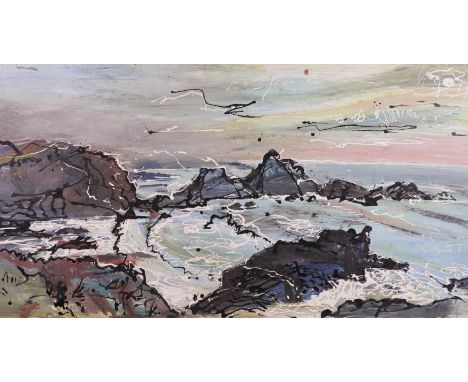FRED YATES (BRITISH, 1922-2008)A rocky coastline oil on board 61 x 110cm (unframed)  Provenance The Estate of the ArtistCondi