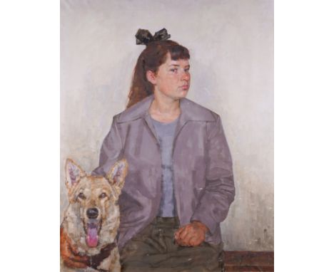 VLADIMIR IL'ICH MALAGIS (RUSSIAN, 1902-1974)Portrait of a girl with a dog signed, inscribed and dated '1964' (verso) oil on c