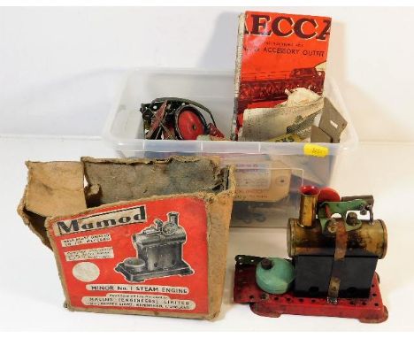 A Mamod Minor No.1 stationary steam engine twinned with small quantity of Meccano