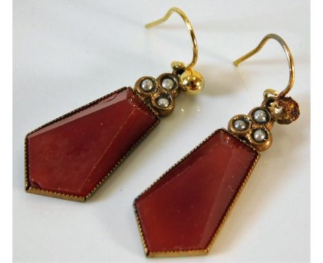 A pair of antique art deco yellow metal mounted carnelian earrings set with pearl 4.2g