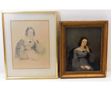 A pencil sketch &amp; a framed oil of the same sitter by E. Langlois dated 1840, image sizes 10.75in x 8in &amp; 10in x 8in r