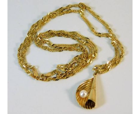 A 9ct gold chain with folded leaf &amp; pearl pendant 30in chain 8.2g