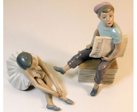 Two Lladro Nao porcelain figures, paper seller has glued repair to right hand 9in tall