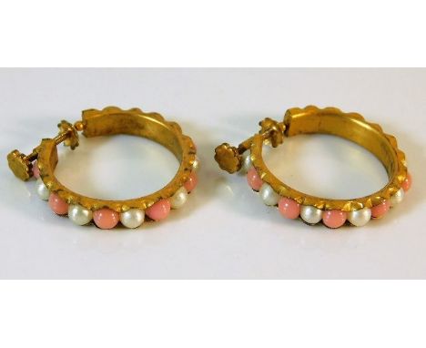 A pair of yellow metal earrings set with cultured pearl &amp; pink coral 5g