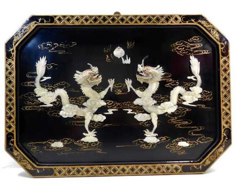 A c.1900 Chinese lacquerware tray with mother of pearl dragon decor