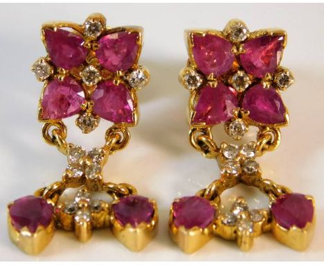 A pair of rose gold (test as 18ct gold) Burma ruby &amp; diamond earrings 8.2g