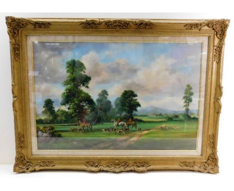 An Irish School oil on canvas in swept gilt frame by Susan Webb depicting hunt scene titled Bownham Grange, Rodborough Common