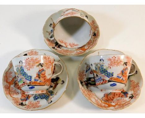 Three 19thC. Japanese Hichozan Shinpo-Sei porcelain cups with saucers